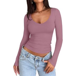 PINKMSTYLE Women's Double Lined V Neck Long Sleeve Shirts Basic Tees Fitted Tops Fall Outfits 2024