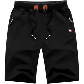 Mens Casual Shorts Cotton Summer Shorts Elastic Waist Drawstring with Zipper Pockets
