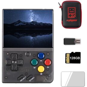 وحدة تحكم ألعاب محمولة باليد Miyoo Mini V4 Retro، 2.8 بوصة نظام كلاسيكي ريترو ألعاب فيديو محمولة قابلة لإعادة الشحن محمولة باليد 64 جيجابايت مع حقيبة سوداء