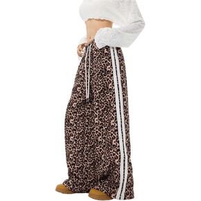 Women's Y2K Leopard Print Pants Drawstring Waist Side Striped Pants Baggy Wide Leg Loose Trousers with Pockets
