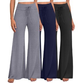 3 Pack Women's Palazzo Pants with Pockets Casual Wide Leg High Waist Drawstring Stretchy Flare Lounge Trousers