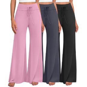 مجموعة من 3 سراويل بالازو للسيدات مع جيوب كاجوال واسعة الساق وخصر عالٍ ورباط وقابل للتمدد in Kuwait