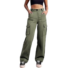 Womens Cargo Pants High Waisted Relaxed Fit Straight Wide Leg Casual Pants Y2K Streetwear with 6 Pockets