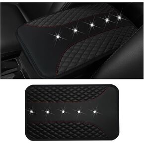 Mandark Bling Leather Car Center Console Cover, Crystal Rhinestone Vehicle Armrest Seat Box Protector, Waterproof Non-Slip Auto Arm Rest Decor Cushion, Universal for SUV, Truck, RV（Red）