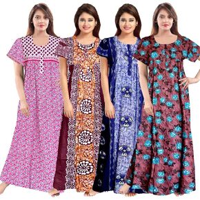 Women's Jaipuri Printed Soft 100% Cotton Indian full length lightweight Nighty, Nightgown or sleepwear XL Night Dress Pack of 4 - RosePink, Brown, Multicolor & (PO-4_579)