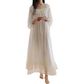 Women's Soft Cotton Vintage Victorian Nightgown Long Sleeve Sleepwear Long Nightdress S-XL