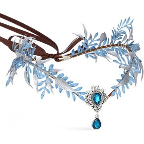 MOSTORY Blue Flower Fairy Crown - Woodland Elf Headpiece Floral Headband Forest Leaf Circlet for Women Renaissance Renfaire Halloween Cosplay Fantasy Photo Shoot
