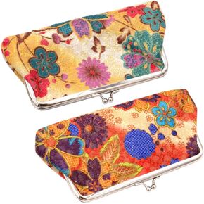 Kiss Lock Large Floral Coin Purses - Canvas Cash Wallet with Vintage Embroidery - Set of 2 Classic Change Pouches (B)