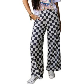 IWOLLENCE Women's Casual Loose Checkered Wide Leg Pants High Waist Straight Lounge Y2K Gingham Trousers Fall