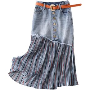 Women's raw Edge denim skirt, irregular splicing pleated high waist Denim skirt, slim A-line casual denim skirt