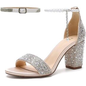 Rhinestone Block Heel Wedding Sandals Open Toe Wedding Shoes for Bride Pearl Heels