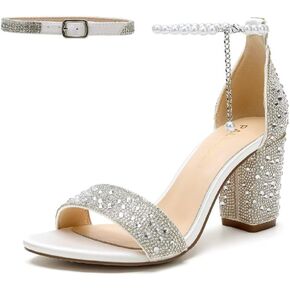 Rhinestone Block Heel Wedding Sandals Open Toe Wedding Shoes for Bride Pearl Heels