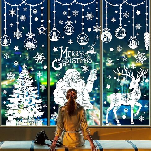 Yusongirl Christmas Window Clings Christmas Decorations Large Santa Claus Christmas Stickers Xmas Tree Snowflake Window Decals Double Side Holiday Christmas Decor Reusable Decals for Glass in Saudi Arabia