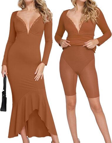 Popilush Shapewear Dress Long Sleeve Wedding Guest Dress Lace Trim Fall Mermaid Maxi Dress in Saudi Arabia