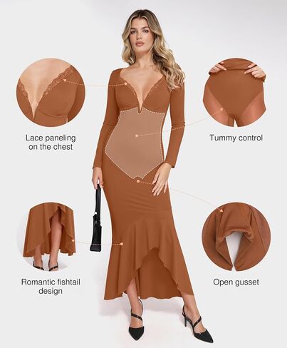 Popilush Shapewear Dress Long Sleeve Wedding Guest Dress Lace Trim Fall Mermaid Maxi Dress in Saudi Arabia
