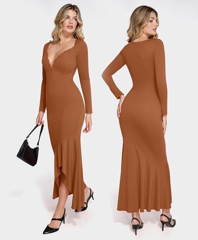 Popilush Shapewear Dress Long Sleeve Wedding Guest Dress Lace Trim Fall Mermaid Maxi Dress in Saudi Arabia