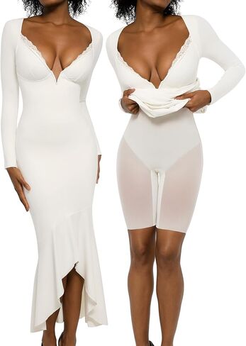 Popilush Shapewear Dress Long Sleeve Wedding Guest Dress Lace Trim Fall Mermaid Maxi Dress in Saudi Arabia