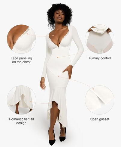 Popilush Shapewear Dress Long Sleeve Wedding Guest Dress Lace Trim Fall Mermaid Maxi Dress in Saudi Arabia