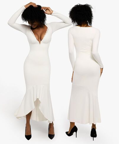 Popilush Shapewear Dress Long Sleeve Wedding Guest Dress Lace Trim Fall Mermaid Maxi Dress in Saudi Arabia