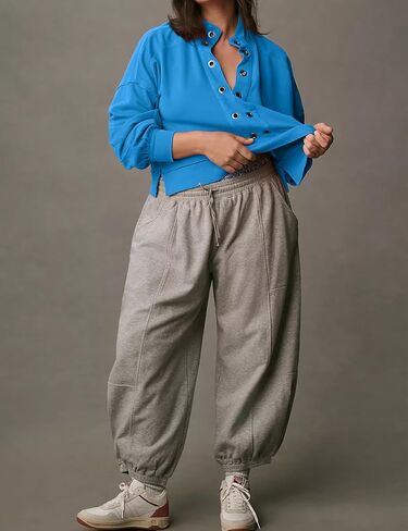 بلوفر نسائي من COZYPOIN برقبة على شكل حرف V وأكمام طويلة وأزرار، بلوفر قصير مع فتحة معدنية أمامية in Kuwait