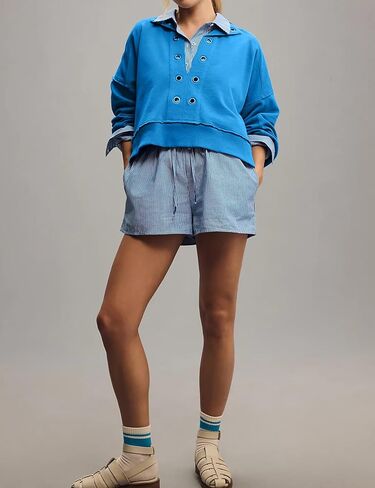 بلوفر نسائي من COZYPOIN برقبة على شكل حرف V وأكمام طويلة وأزرار، بلوفر قصير مع فتحة معدنية أمامية in Kuwait