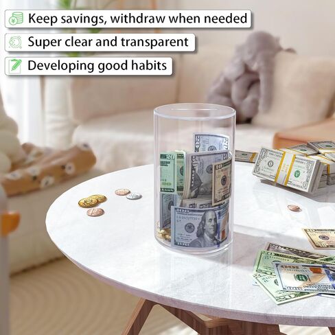 Acrylic Piggy Bank for Adults Kids, Clear Unbreakable Piggy Bank for Boys Girls, Money Saving Box Jar for Coin, Must Break to Open, Size 10" H x 6" Diameter (Large) in Saudi Arabia