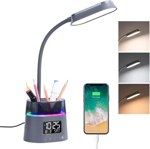 WILIT LED Desk Lamps for Home Office with Pen Holder, Table Lamp for Bedroom with USB Charging Port & Clock, RGB Night Light, Study Lamp for Kids Student, Desk Lamp for College Dorm Room Essentials in Saudi Arabia