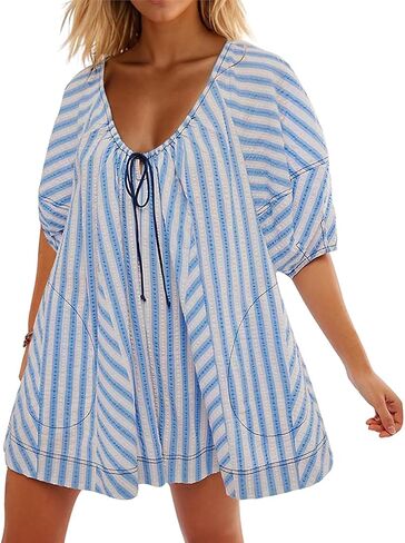 Women Y2K Puff Sleeve Striped Oversized Romper Dress Summer V Neck Overall Wide Leg Loose Jumpsuit with Pocket in Saudi Arabia