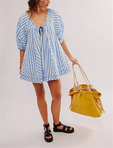 Women Y2K Puff Sleeve Striped Oversized Romper Dress Summer V Neck Overall Wide Leg Loose Jumpsuit with Pocket in Saudi Arabia