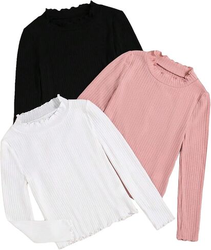 Milumia Girl's 3 Pack Long Sleeve Knit Tees Lettuce Trim Mock Neck T-Shirts Tops in Saudi Arabia