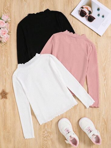 Milumia Girl's 3 Pack Long Sleeve Knit Tees Lettuce Trim Mock Neck T-Shirts Tops in Saudi Arabia