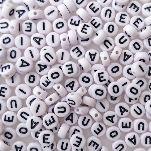 200+ Pieces 4x7mm Vowel A-E-I-O-U Letter Beads for Jewelry Making, White Round Acrylic Bulk Mixed Alphabet(Black on White) in Kuwait