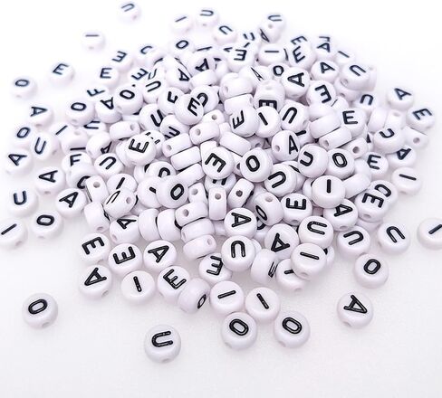 200+ Pieces 4x7mm Vowel A-E-I-O-U Letter Beads for Jewelry Making, White Round Acrylic Bulk Mixed Alphabet(Black on White) in Kuwait