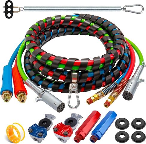 KOOTANS 12FT Semi Truck Air Line Kit with Gladhands, Handles, Holder, Tender Spring Kit 3 in 1 Air Brake Hoses and 7 Way Trailer Cord Air Lines Set for Semi Truck Trailer Tractor in Saudi Arabia