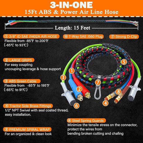 KOOTANS 12FT Semi Truck Air Line Kit with Gladhands, Handles, Holder, Tender Spring Kit 3 in 1 Air Brake Hoses and 7 Way Trailer Cord Air Lines Set for Semi Truck Trailer Tractor in Saudi Arabia