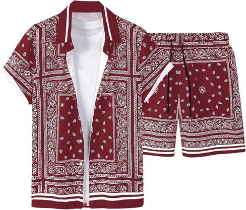 Men's 2 Piece Outfits Paisley Print Short Sleeve Button Down Shirts and Drawstring Shorts Set in Saudi Arabia