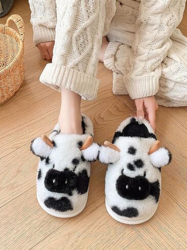 Cartoon Cow Cotton Slippers,Cute Cozy Fuzzy Animal Slippers For Women Men,Winter Warm Plush Comfy Indoor Outdoor Slippers in Saudi Arabia