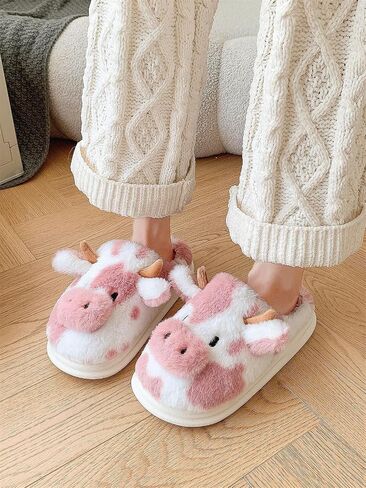 Cartoon Cow Cotton Slippers,Cute Cozy Fuzzy Animal Slippers For Women Men,Winter Warm Plush Comfy Indoor Outdoor Slippers in Saudi Arabia