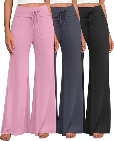 مجموعة من 3 سراويل بالازو للسيدات مع جيوب كاجوال واسعة الساق وخصر عالٍ ورباط وقابل للتمدد in Kuwait