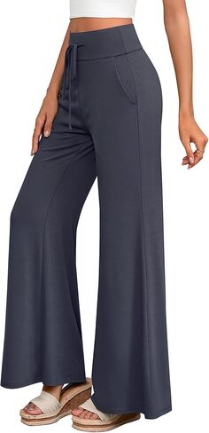 مجموعة من 3 سراويل بالازو للسيدات مع جيوب كاجوال واسعة الساق وخصر عالٍ ورباط وقابل للتمدد in Kuwait