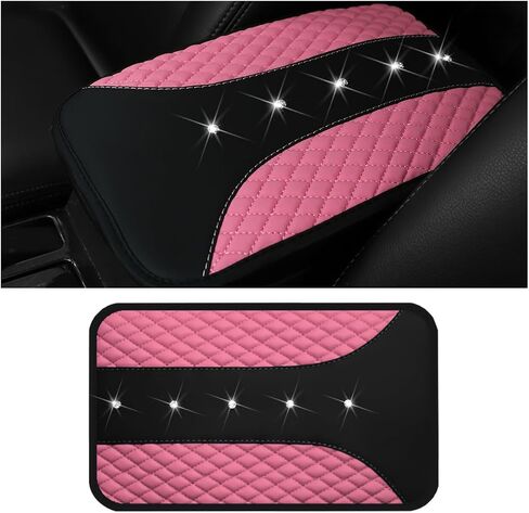 Mandark Bling Leather Car Center Console Cover, Crystal Rhinestone Vehicle Armrest Seat Box Protector, Waterproof Non-Slip Auto Arm Rest Decor Cushion, Universal for SUV, Truck, RV（Red） in Saudi Arabia