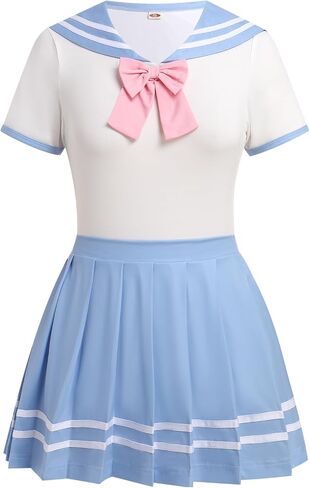 ABAFIP Women's Cute Romper Pajamas Bodysuit Pleated Skirt Short Sleeve Sailor Collar Pajama Nightwear Set in Kuwait