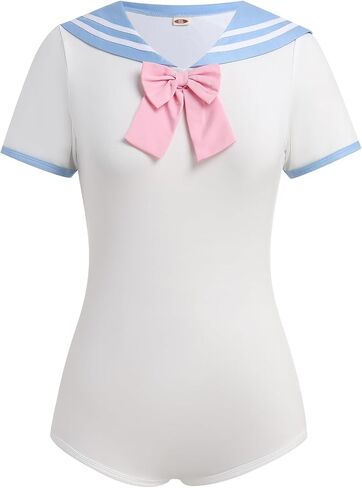 ABAFIP Women's Cute Romper Pajamas Bodysuit Pleated Skirt Short Sleeve Sailor Collar Pajama Nightwear Set in Kuwait