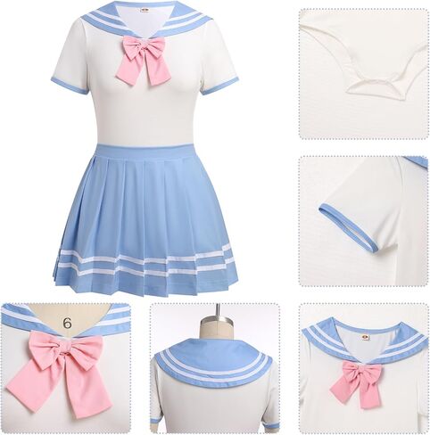 ABAFIP Women's Cute Romper Pajamas Bodysuit Pleated Skirt Short Sleeve Sailor Collar Pajama Nightwear Set in Kuwait