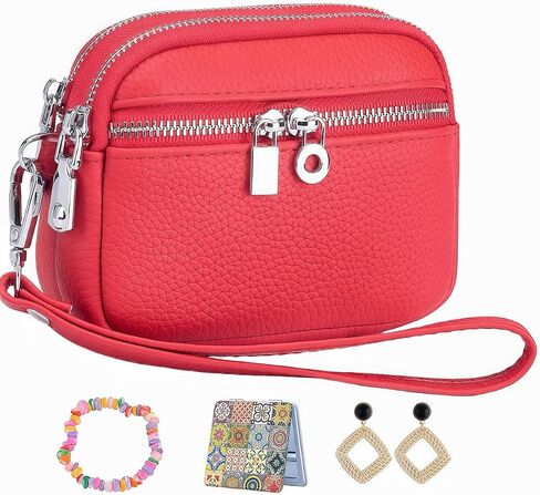 Women's Wristlet Coin Purse Set, Genuine Leather Women's Small Wallet, Women's Mini Wallet Clutch with Earrings, Bracelet, Cosmetic Mirror (Black) in Saudi Arabia