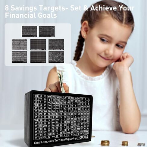 Wooden Money Saving Box,Piggy Bank for Adults Kids Cash Savings Box for $10000 $5000 $3000 Target Money Saving Challenge,Reusable Money Box with Counter for Boys Girls Kids Gift(Save Box + 8 Sheets) in Saudi Arabia