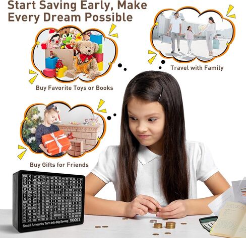 Wooden Money Saving Box,Piggy Bank for Adults Kids Cash Savings Box for $10000 $5000 $3000 Target Money Saving Challenge,Reusable Money Box with Counter for Boys Girls Kids Gift(Save Box + 8 Sheets) in Saudi Arabia