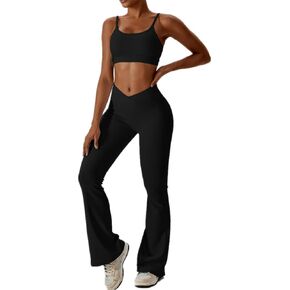 ABOCIW Workout Sets for Women 2 Piece Ribbed Lace Up Back Sports Bra Crossover High Waist Flare Leggings Gym Sets