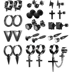 أقراط للرجال، أقراط متقاطعة سوداء صغيرة للرجال، مجموعة 29 قطعة من الفولاذ المقاوم للصدأ على الطراز القوطي EMO Goth Punk، مجموعة أقراط حلقية للثقب للجنسين هدايا عيد ميلاد in Kuwait
