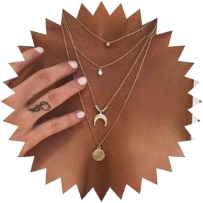 Boho Layered Coin Necklace Choker Gold Disc Pendant Necklace Multi Layering Crescent Moon Necklace Long Circle Necklace Chain Jewelry for Women and Girls